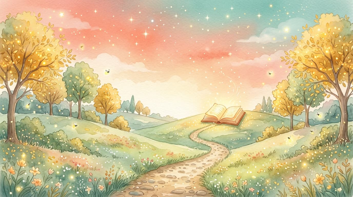 Magical watercolor storybook landscape with rolling hills, golden trees, and twinkling stars