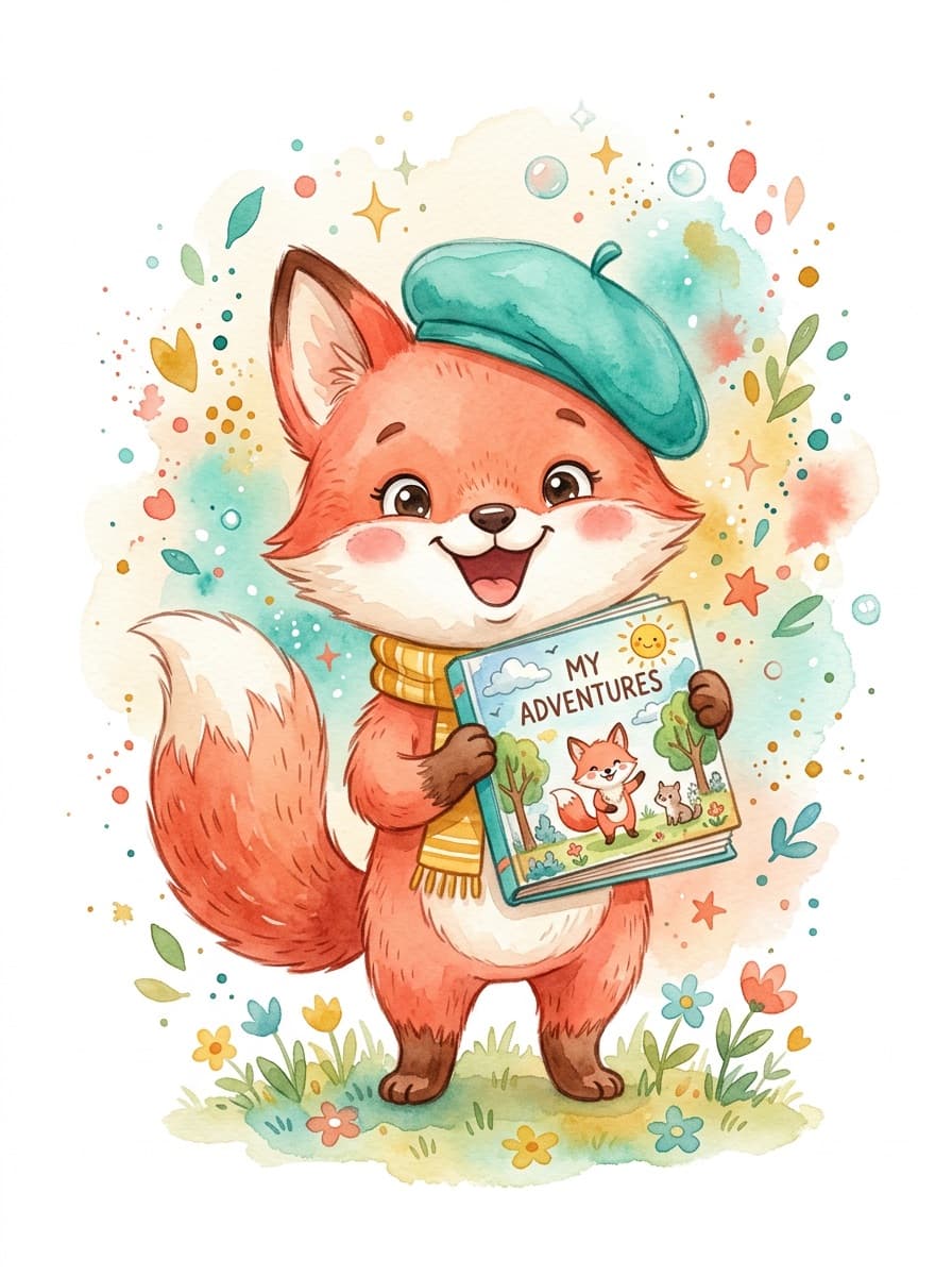 A joyful fox cub proudly holding up a picture book they created